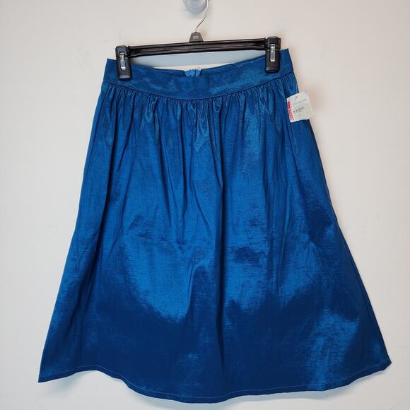 Socialite Taffeta Midi Skirt Size M Blue Pleated A-line Elastic Waist Glam Chic - Picture 2 of 10
